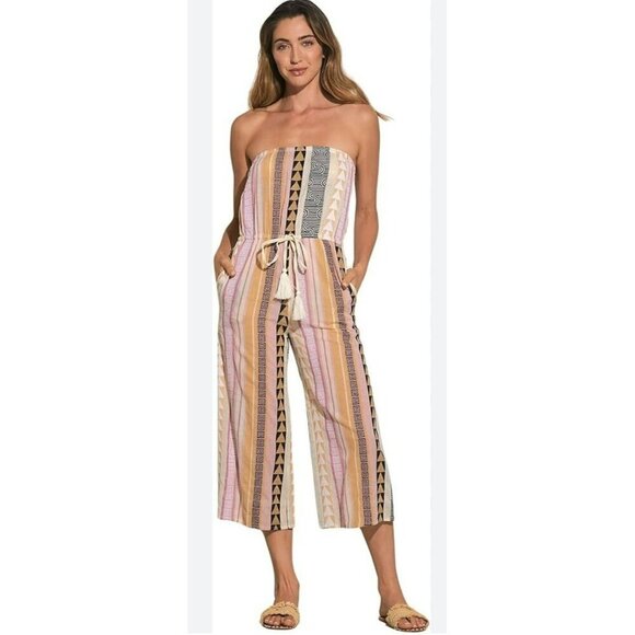 Elan Women's Jumpsuit Cropped Size Medium Strapless Colorful Cotton Striped - Picture 1 of 12